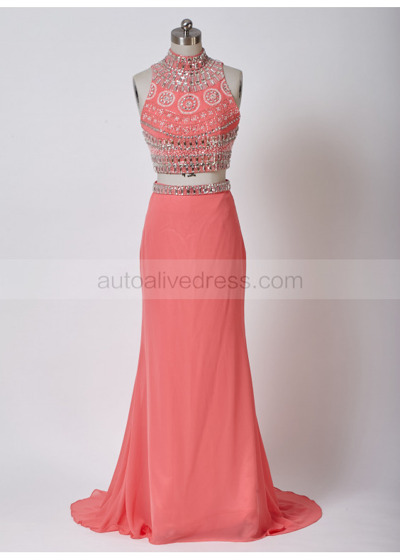 Two Pieces Coral Beaded Chiffon Prom Dress
